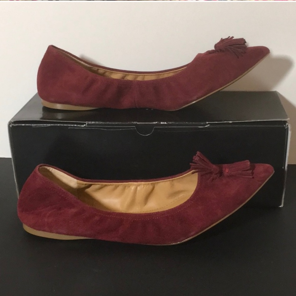 π NIB NWT J. Crew burgundy suede pointy toe suede ballet flats with tassels - Picture 3 of 8